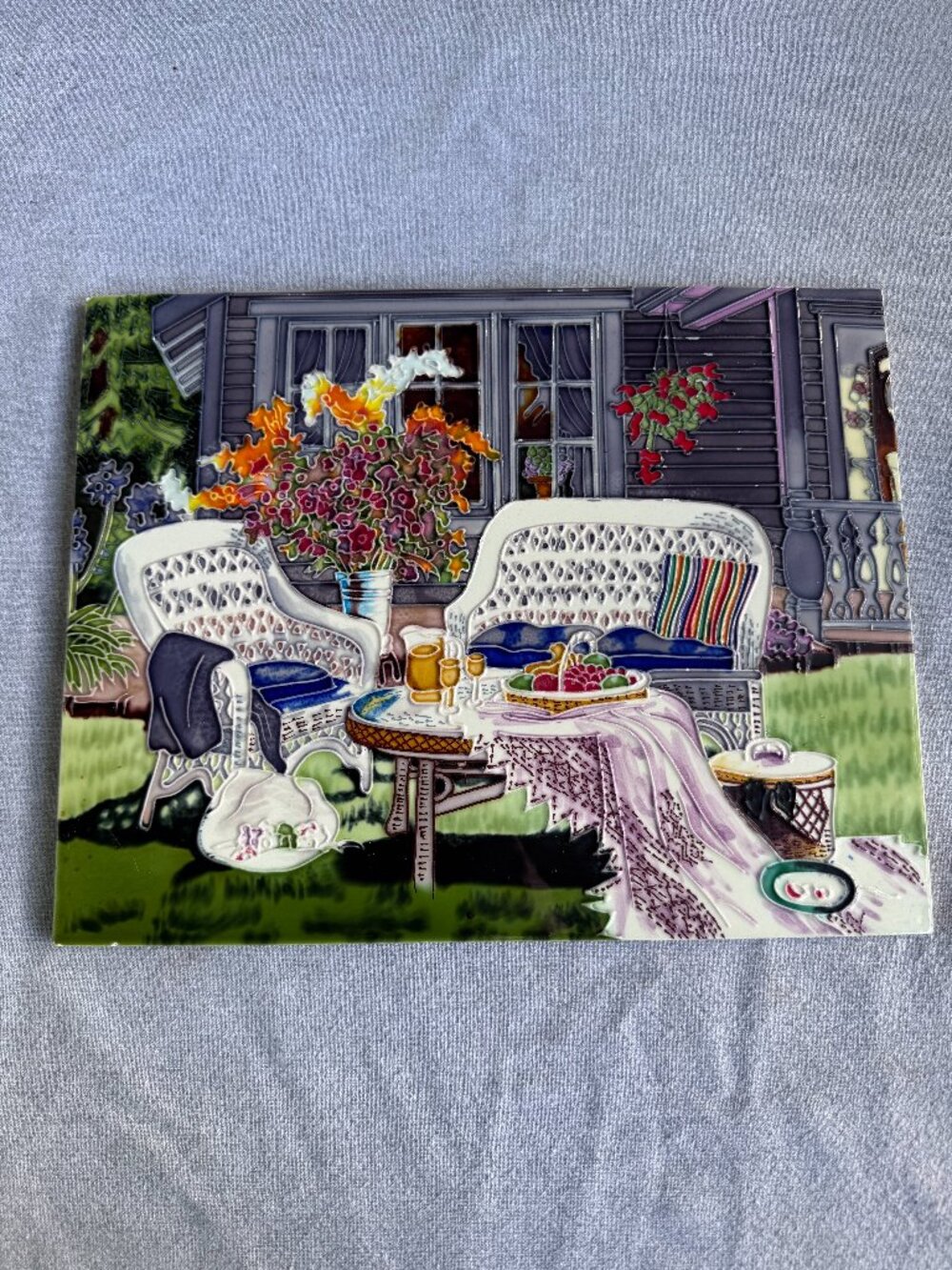 Vintage Susan Rios Cottage Garden Ceramic Tile Painting Floral Patio Art Plaque